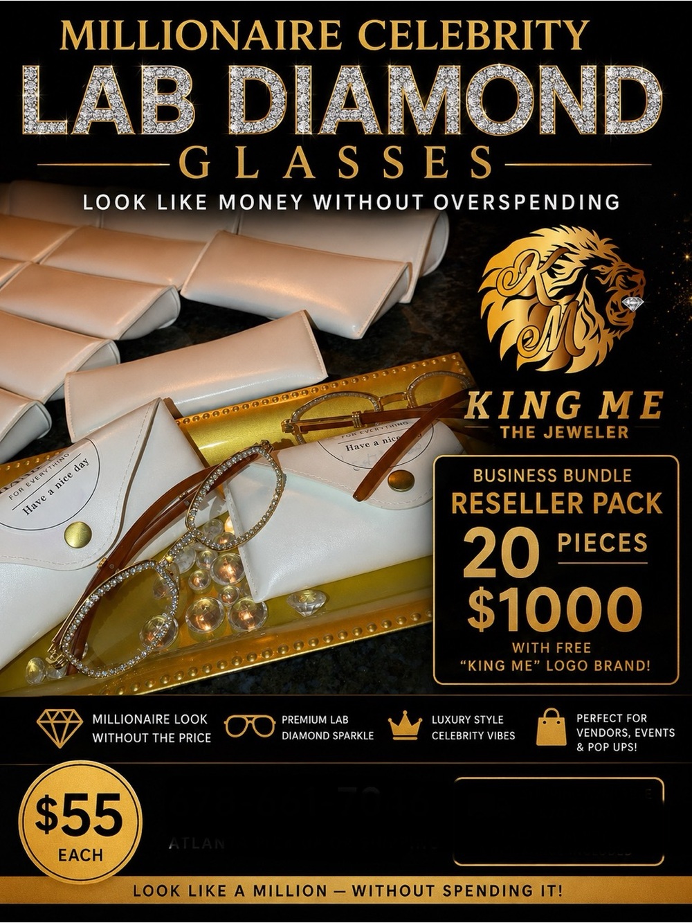 gold lab diamond glasses reseller bundle. Includes 20 pieces with gold-tone